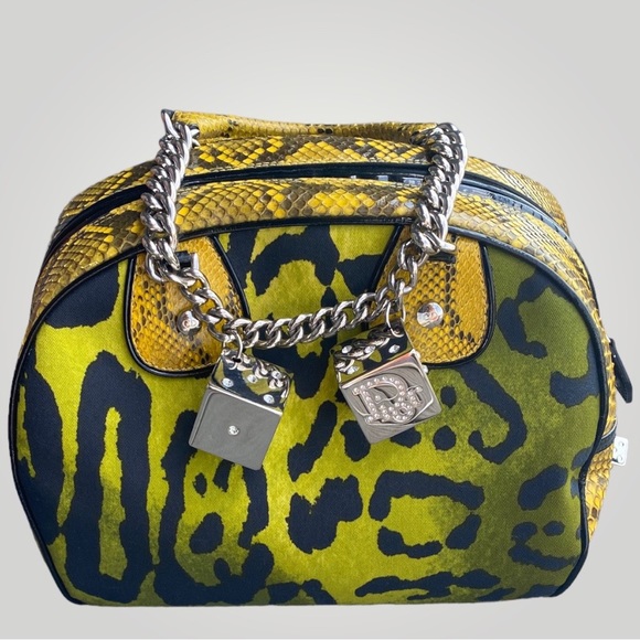 Christian Dior Green Leopard Print and Yellow SnakeSkin Gambler Bag - Picture 6 of 17